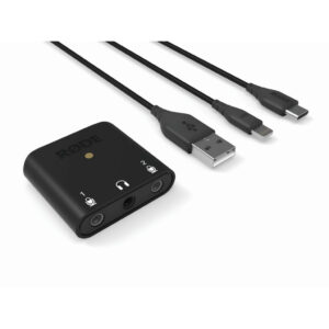 Rode AI-Micro két csatornás TRS/TRRS mikrofon és fejhallgató interfész USB-C aljzattal, Lightning, USB-C és USB-A kábelekkel